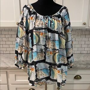 Karen Kane Blouse Tunic Womens 3X Blue Print Bohemian Peasant Beach Hippie Top